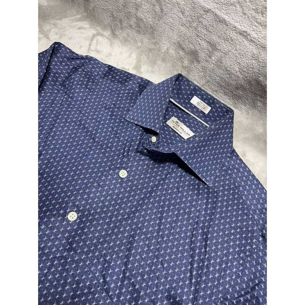 Peter Millar Mountainside Button Up Shirt Men's Small Blue Cotton Long Sleeve